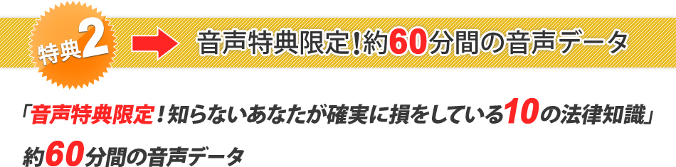 特典2　音声特典限定！約60分間の音声データ 「音声特典限定！知らないあなたが確実に損をしている10の法律知識」約60分間の音声データ